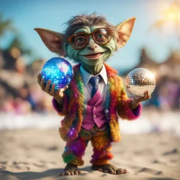 Bill Gates as hairy pimp groove funk kobold gremlin hippie holding disco ball on beach ,bokeh like f/0.8, tilt-shift lens 8k, high detail, smooth render, down-light, unreal engine