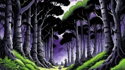 A blackish purple arid woods with glowing eyes painted by Katsushika Hokusai