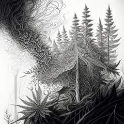 Sketch a composition where intricate smoke patterns transform into a forest of towering trees made entirely of crushed weed leaves, filling the canvas with a surreal and visually captivating asymmetrical patterns. Pencil sketch Drawing