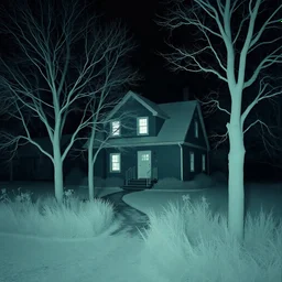 An infrared photography, night, René Magritte, house, liminal, eerie, odd mood