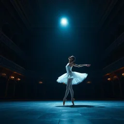 a 9 grid storyboard image for A cinematic, high-quality video of a professional female ballet dancer performing on a grand, ornate theater stage. She is wearing a pristine white classical tutu and pointe shoes. The lighting is dramatic and moody, featuring a single strong spotlight from above that illuminates her against a dark, blue-tinted background of opulent theater balconies. The camera is static, at eye-level, capturing a medium-wide shot. The sequence begins with her in a graceful first p