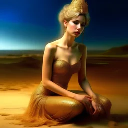 (Masterpiece1:5) By(Jan Saudek:Natalie Shau:1.5) (highest quality) (ultradetailed:1.5),bright Foreground with (gold sparkles floating Intricately through the painting:1.5),attractive and content woman 😁, she sits on the beach with snoot lighting is the defining light source,gold dress melting into the sand 😅),dreamlike, (surreal:0.5) beach with soft sand, High contrasts, vibrant colors, flawless Composition,Soft Lighting Create Depth Of Field. accentuates the beauty of the piece,provocative ar