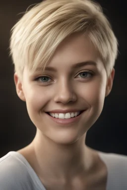 Chiaroscuro lighting, deep shadows, rich deep colors, facial portraits, 8K Ultra-HD, Hyper Realistic, Photorealistic, Realistic, focused, Clear, Extremely Detailed, beautiful, Cinematic, proportionate, full color, headshot image of a smiling young woman with short, pixie-cut bleach-blonde hair, tapered on the sides, wearing a pair of blue round lensed glasses, and a pink and blue button t-shirt, big happy smile, a foggy, cloudy blue background