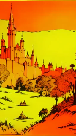 A yellowish orange small fairy kingdom painted by Andy Warhol