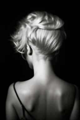 Mujer rubia de espaldas, retrato huge primer plano., iluminada potentemente desde atrás, Imagen en blanco y negro vaporoso, al estilo de la foto del fotógrafo Hugo Alonso.