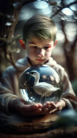 boy with swan wings in a tree inside a Crystal ball, shot on Hasselblad h6d-400c, zeiss prime lens, bokeh like f/0.8, tilt-shift lens 8k, high detail, smooth render, down-light, unreal engine, prize winning