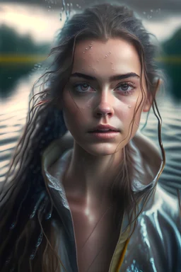 Beautiful female model, standing in lake, wet clothes and hair, photo, attractive, looking at viewer, photography, detailed skin, realistic, photo-realistic, 8k, highly detailed, full length frame, High detail RAW color art, diffused soft lighting, shallow depth of field, sharp focus, cinematic lighting, cloudport