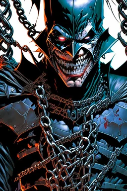 a close up of a person holding chains, the batman who laughs, jason fabok. greg staples, arkham city, gabriele dell'otto, joker wearing vader's armor suit, by Ryan Stegman, joker wearing vader's armor, david tennant as spawn, as illustrated in top cow comics, grotesque joker, venomized, jason fabok