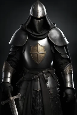 photo realistic, ultra realistic, character closeup, a sinister medieval crusader with black metal armor engraved with religious emblems, covered with a checkered metal bascinet that covers his entire face and hooded by a black cloth tunic, dark dungeon background
