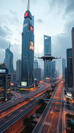 City of tomorrow made of futuristic building and flying android and lights and big screen on the building of highways and streets lights