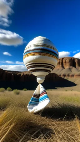 A white jet in the sky designed in Navajo yarn