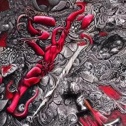 fantasy, digital art, scroll holder, metallic, dark metal, ruby encrustations, massive, engravings