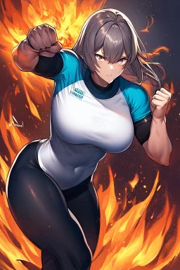 fighter girl with fire in her fist ready to fight tight sport shirt and leggins