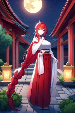 girl, masterpiece, best quality, cinematic lighting, detailed outfit, vibrant colors, perfect eyes, red hair, very long hair, braided ponytail, blue eyes, hakama, shrine, moon, starry sky, plants, stone walkway,