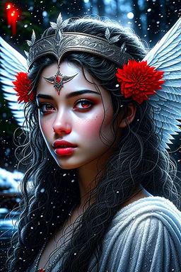 depth of field, photorealism, downlight, Magic camping site, beautiful angel, ornate dress uniform, casting spell water snow fly, black wavy hair, enchanted fantasy, cinematic composition, very detailed red machine components, one camera lens eye and shiny black hair, hazel green eyes, 24k, ornate, intricate, complex, digital painting, smooth, art by royo and tom bagshaw.