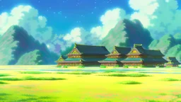 floating ruins of an asian village with purple sky full of stars, sunflower field, anime, high res, makoto shinkai