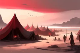 painting, landscape, artistic, illustration, artstation, black desert, black sand, bleak, pale red sky, large bustling camp, tigtly packed leather tents, vereshagin style