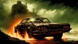 A flaming car flies into the abyss from a dam, post-apocalypse, dark style, Luis Royo & Raymond Swanland