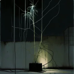 Minimal abstract oil painting of a plant in concrete warehouse brutalist architecture and hanging wires illuminated at night.In the style of Justin Mortimer and Frances Bacon,Ashley Wood