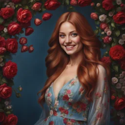 (best quality, 4k, 8k, highres, masterpiece:1.2), ultra-detailed, (realistic, photorealistic, photo-realistic:1.37),hyper realistic, gorgeous smiling 1woman,long hair,looking at viewer,realistic proportions,blue eyes,hair ornament,dress,very long hair,flower,red hair,parted lips,necklace,white dress,orange hair,lips,blurry background,freckles,realistic,head wreath,orange flower,realistic portrait