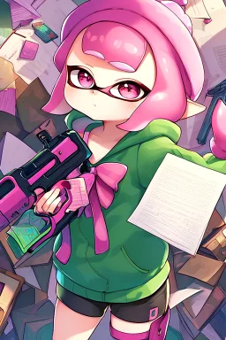 Inkling, loli, pink hair, pink eyes, pink bobble hat, green hoodie, bikeshorts, flat chest, splatoon, solo, blushing, waterguns, ink