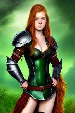 concept illustration, ultra-realistic, super-detailed, strikingly beautiful teen female, 16 years old, long ginger hair, green eyes, medium freckles, full lips, full body, full face, b-cup breasts, athletic, centred camera, ignore NSFW, black skimpy fantasy leather armor, stern expression