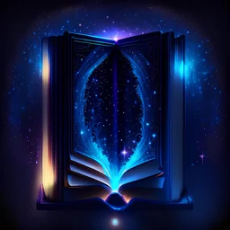 A closed book in a bookshelf with colored edges, dark blue glowing light, fantasy, magic, dark, stars, sparkle