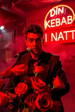 An spanish Guy with big eyes "Enrique" performing at dance club, his name is "Enrique" Red roses On stage, red Neon lights and smog, and "Din KEBAB I NATT" big sign on the wall, serenade under balcony