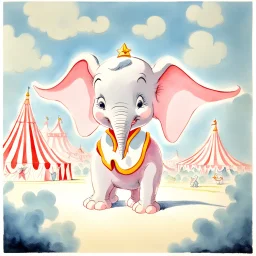 1940s animation art of Dumbo, a baby circus elephant with abnormally large ears that allows him to fly, surreal scene, pink parade of elephants, conceptual art, watercolor paint, early salt disney animation, hand drawn, modernist cute, Mary Blair, Harold Pearl, over exaggerated cartoonist