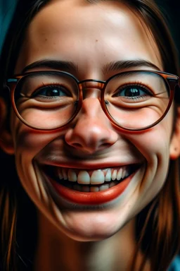 mujer con lentes, dientes inmensos chuecos, piel grasosa y granos acné