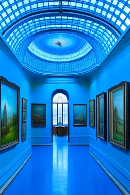 A museum for displaying paintings whose side walls are oval and made of blue glass