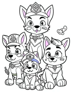 outline art for Paw Patrol Friends coloring page, Japanese manga style, cartoon style, cute face, white background sketch style, full body is a must, only use outline, clean line art, no shadow, bold outline