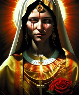 The Virgin Mary, cry in the dark, blood, darkness, Outlast, photorealistic illustration, 8k