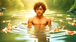 Young teen boy floating in water, relaxing, wearing short shorts, eyes closed, curly hair, full lips smiling, aesthetic physique, cute face, shirtless torso, warm skin tone, flawless skin, small nipples, thick curly hair, arms posed behind head, koi fish below surface, full body, forest background, low camera angle, calm clear water, dreamy atmosphere, high resolution,