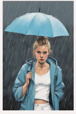 Standing in the grey-north sea with white clothes. Girl with a bun. Rains heavily. You see her face, blues eyes and blond hair. She holds and umberella. Pop-art. Umberella is petrol blue. You see her whole body. The rain paints her jacket blue.