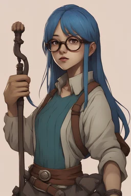 A Filipino-Japanese female with down-turned eyes, shaggy chest-length blue hair, bangs, and oval glasses as a Dungeons and Dragons Bard. They resemble, “Hange Zoe” from the series, “Attack in Titan” with a manic, crazed look in their eyes. In the style of “Baldur's Gate 3”