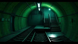 GAME CONCEPT ART .two poin perspective.Station platform and stairs from side .photograph inside of hole .very big ambient.gient station.Inside the old subway tracks, . Low light and closed green moss walls. Like the original design of the game space ,digital art.landscape,far camera old painting,2 Chen and George Hopper, Rembrandt lighting, a dark green color scheme, . --ar 13:16 --v 6. 0 metro game