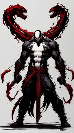 A close picture of Venom symbiote with kratos red tattoos and Clothes, holding blade of choice