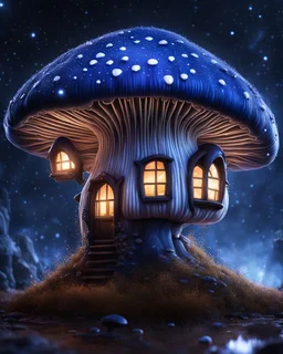 An illogically floating mushroom house on a clear night. white and white and blue, Stars Dark cosmic interstellar. Detailed Matte Painting, deep color, fantastical, intricate detail, splash screen, hyperdetailed, insane depth, concept art, 8k resolution, trending on Artstation, Unreal Engine 5, color depth, backlit, splash art, dramatic, High Quality Whimsical Fun Imaginative Bubbly, perfect composition