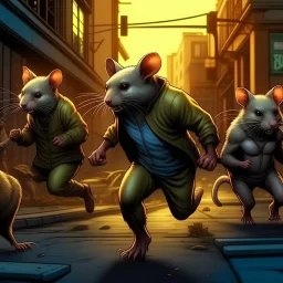 Catman chases three humanoid rats that are running around in terror