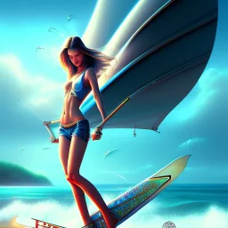 beach with boat, portrait of levitating fair girl with bat wings surfing, fantasy art, movie poster