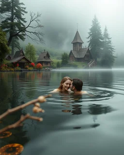 Portrait Romantic European couple swimming kissing together in lake Wonderful landscape fantasy early morning heavy fog photography art Rivendell village,lake,magical forest and houses,beautiful mushrooms,roses flowers,little waterfall,lake,close up photo beautiful romance couples on swimming together in lake