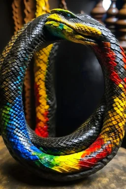 ouroboros made of paint, leather background