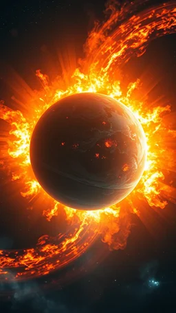 A planet in the middle of fire explosion and curves of strange lights are surrounded