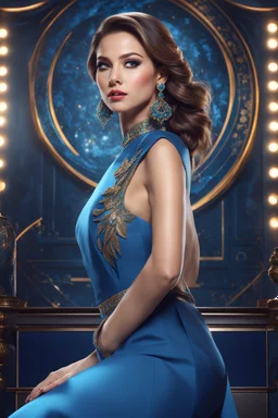 full body Office women, gorgeous, glamours, ,clean face, showing in 4k format, intricate work of magical art, movie poster, full body, blue dress, in cg society trends, complex, very detailed bright, staged rendering of the character, super high quality model, beautiful face, background in style bokeh