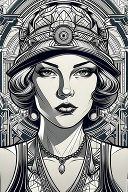 female portrait of a female gangster in line art style with tattoos in art deco with intricate details in 18k