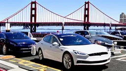 A Tesla's 'Model S Plaid' is racing at top speed, over the 'Pier 39', in San Francisco. CINEMATIC. WIDE ANGLE LENS.