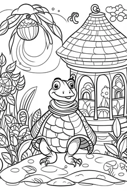 HAPPY NEW YEAR CELEBRATION coloring page for kids,Turtle carries lantern in New Year garden, thick outline, low details, no shading, no color