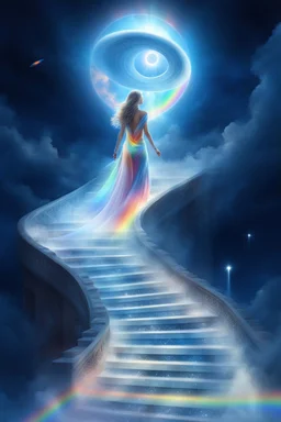 fantastic,Beautiful woman, stairway to heaven whit rainbow, ufos arc en ciel futuriste très beau