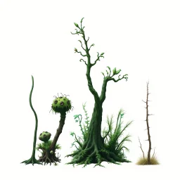"Isolated concept art of multiple types of alien tree plant on a plain neutral background. Designed for different biomes: Forest biome – lush, dense, tall grass with strange broad blades, glowing tips, and twisted leaves. Swamp biome – slimy, wet, moss-like grass with tangled roots, bioluminescent details, and spongy textures. Desert biome – dry, spiky, brittle grass with sharp edges, thorn-like blades, and pale dusty colors. Each grass type should have a unique silhouette and texture.